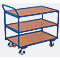 Chariot de table léger, panneau acier/MDF, décor bleu gentiane/hêtre, 3 plateaux, L 835 x l 505 mm, roulettes TPE avec EasySTOP, jusqu'à 250 kg