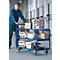 Chariot de table léger, panneau acier/MDF, décor bleu gentiane/hêtre, 3 plateaux, L 835 x l 505 mm, roulettes TPE avec EasySTOP, jusqu'à 250 kg