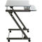 Bureau avec plateau gris et structure métallique noir-gris sur roulettes.