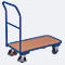 Chariot léger à barre de poussée, plateau acier/MDF, bleu gentiane/décor hêtre, L 850 x l 450 mm, avec barre transversale, roulettes TPE avec EasySTOP, jusqu'à 200 kg 