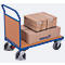 Chariot plateforme à dossier fixe en bois, L 880 x l. 500 mm, acier/plaque MDF, décor bleu gentiane/hêtre, roulettes en TPE avec EasySTOP, jusqu'à 400 kg, bleu brillant RAL 5007