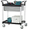 Chariot polyvalent, 2 tiroirs, 4 roues pivotantes TPR avec 2 freins, 2 plateaux, L 680 x l 450 mm, plastique/aluminium, noir/argenté 
