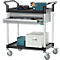 Chariot polyvalent, 2 tiroirs, 4 roues pivotantes TPR avec 2 freins, 2 plateaux, L 680 x l 450 mm, plastique/aluminium, noir/argenté 