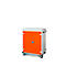 Une armoire orange sur roues avec des éléments argentés et des poignées.