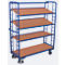 Chariots à étagères, acier/MDF, décor bleu gentiane/hêtre, 4 étagères, 1650 x 650 mm, panneaux d'extrémité avec renforts en acier rond, EasySTOP, jusqu'à 400 kg