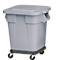 Gray trash can with lid and wheels. Rectangular container with handle and lid, on a rolling board with four wheels.