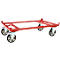 Un chariot de transport rectangulaire en métal rouge avec quatre roulettes pivotantes sur fond blanc.