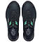Deux chaussures de sécurité noires avec des accents vert turquoise. Vue de dessus. Inscription Uvex sur la languette et logo matériau recyclé.