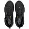 Vue de dessus de deux chaussures de sécurité noires. Lacets, logo de la marque et symbole de recyclage sont visibles.