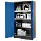 Open blue steel cabinet with shelves filled with bottles and canisters.