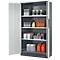 Gray steel cabinet with open doors. Interior shelves with various bottles, canisters, and spray cans.