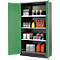 Open green cabinet with various containers and bottles on shelves. The cabinet is standing in a room.