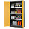 Cabinet with yellow doors, filled with various chemicals and containers.