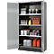 Gray cabinet, open, filled with various liquids and containers. Different products are placed on each shelf.