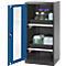 Blue-gray cabinet with open door. Inside, bottles and containers on black trays.