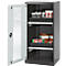 An open grey cabinet with shelves filled with containers and cans. The door has a glass front.