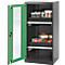 Open grey tool cabinet with green door. Various containers and liquids are stored inside the cabinet.