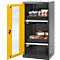 An open yellow cabinet filled with chemicals. The door has a window, the cabinet has black drawers.