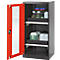 Cabinet with red door, opened. Inside: bottles and containers on black shelves.