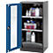 A blue laboratory cabinet with ajar door, filled with bottles and containers.