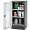 Open cabinet with various containers, paints, and liquids. Cans, bottles, and paint buckets are visible on the shelves.
