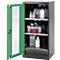 Cabinet with chemicals in a lab. Green door, open door, several bottles and containers on the shelves.