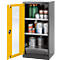 Open yellow safety cabinet with various chemicals and containers, provided for safe storage.