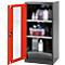 Cabinet with red door, open, showing bottles and containers filled with liquids.