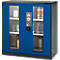 Blue safety cabinet with two glass doors. Filled with canisters and bottles. Warning notice top left, twist lock below.