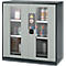 Grey safety cabinet with glass windows, filled with chemicals. Hazard symbols and black handle on the door.