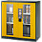 Yellow and black safety cabinet with glass panels, filled with various containers. Warning signs and a lock are visible.