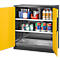 Open black cabinet with yellow doors. Inside, shelves with containers, bottles, and cans.