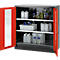An open gray laboratory cabinet with red doors. Various chemical bottles are in the cabinet.