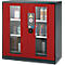 Red safety cabinet with glass windows and hazardous material labeling. Cans and canisters are visible on the shelves.