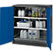 Cabinet with blue doors, filled with lab bottles and containers. Arranged on several levels.