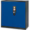 Blue steel cabinet with two doors and warning labels. Black frame, ventilation slots, and lock.