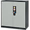 Grey steel cabinet with two doors and warning signs. Black handle, ventilation slots.