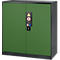 Green safety cabinet with black frame and warning signs. Door with handle and ventilation slots.