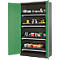 Open green cabinet filled with various goods and materials. Shelves are filled.