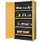Black cabinet with yellow doors, open. Shelves are filled with various products.