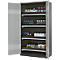 Open grey lab cabinet, filled with bottles and containers on black shelves.