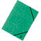 Chemise verte avec élastique noir. Une pile de papier en haut à gauche.