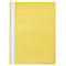 Dossier jaune avec dos transparent et reliure blanche. Nom de la marque en bas.