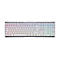 Weiße Gaming-Tastatur mit RGB-Beleuchtung vor weißem Hintergrund.