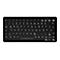 Draufsicht einer beleuchteten, schwarzen QWERTZ-Tastatur mit weißer Beschriftung auf weißem Hintergrund.