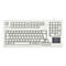 Weiße Cherry-Tastatur mit integriertem Touchpad auf der rechten Seite, deutsches QWERTZ-Layout.