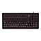 Clavier noir avec lettres et chiffres blancs. Le clavier comporte des touches de fonction, un pavé numérique et une touche Windows.