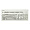 Clavier Cherry gris clair avec toutes les touches sur fond blanc. Le logo du fabricant est en haut.