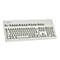 Clavier Cherry gris clair photographié d'en haut. Toutes les touches sont étiquetées, le nom de la marque est en haut à gauche.