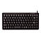 Schwarze, kompakte Tastatur mit weißer Beschriftung. Buchstaben, Zahlen und Sonderzeichen sind deutlich erkennbar. Ein Kabel ragt heraus.